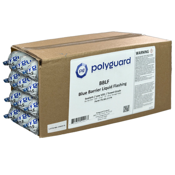 Box of twelve 20 ounce sausage tubes containing blue trowel-grade sealant for liquid flashing.