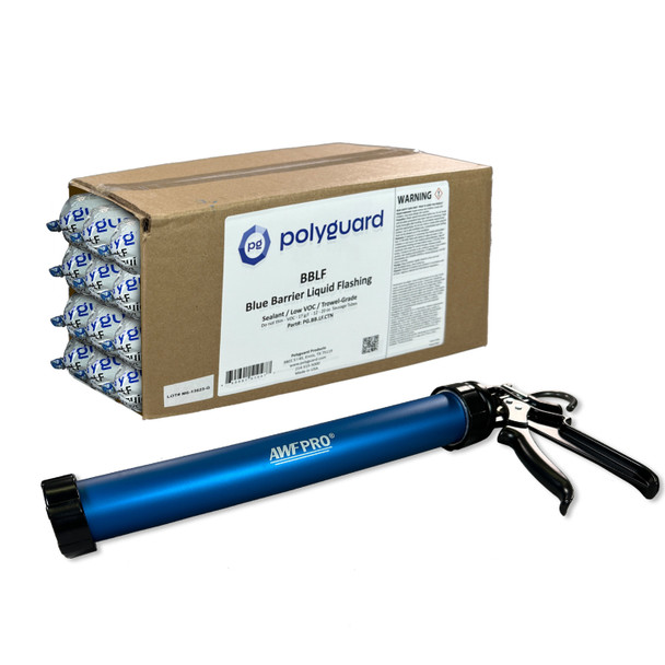 Kit includes twelve 20 ounce liquid flashing sausage tubes in a cardboard box with a blue manual applicator gun.
