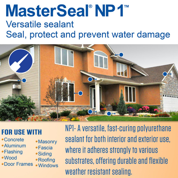 Infographic showing a house with sealant callouts for windows, roofing, and siding. Suitable for concrete, aluminum, and wood.
