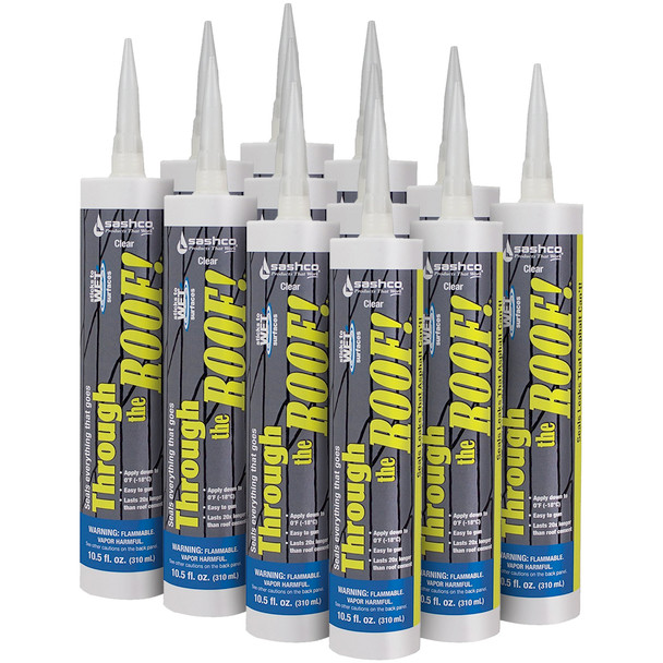 Bundle of multiple 10.5-ounce cartridges of Sashco Through the Roof clear waterproof sealant stacked upright.