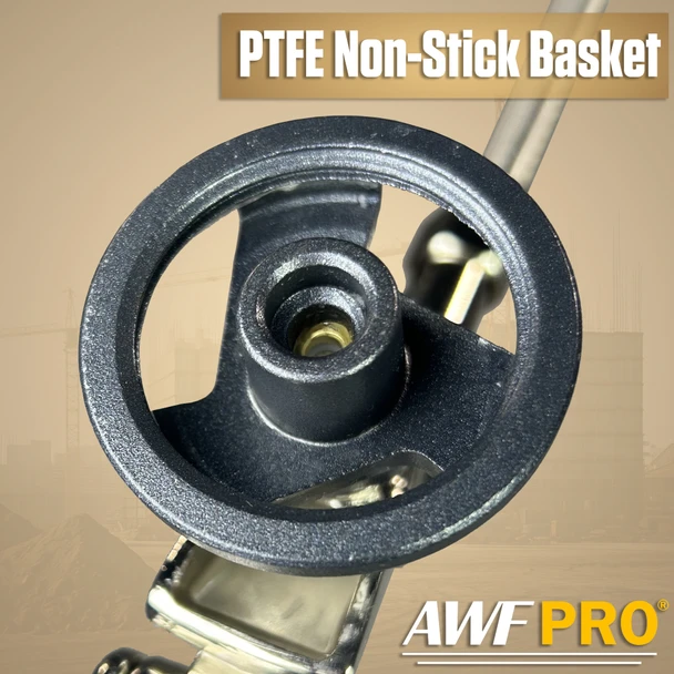 Close-up overhead view of a black non-stick adapter basket on a spray foam gun.