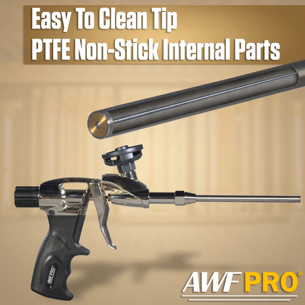 Metallic foam gun with an enlarged cross-section callout showing non-stick internal nozzle construction.