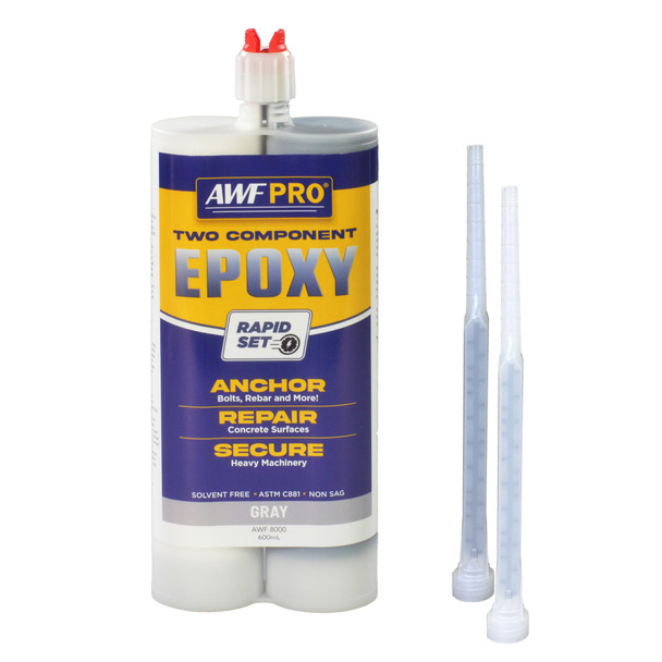 Dual-cartridge 600 milliliter rapid cure epoxy for concrete repair with two clear static mixing nozzles.