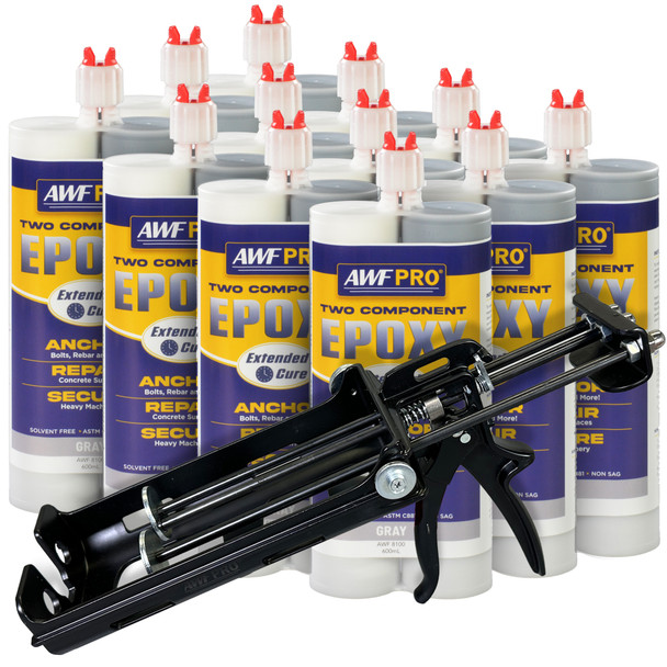 Kit includes 12 dual-component extended cure epoxy cartridges and one black dual-barrel dispensing gun