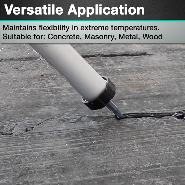Infographic demonstrating versatile application, showing a sausage caulking gun applying black sealant to a textured surface, with text highlighting that the product maintains flexibility in extreme temperatures and is suitable for concrete, masonry, metal, and wood.