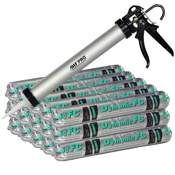 Kit includes 15 foil sausage packs of Tremco Dymonic FC hybrid sealant and one silver AWF PRO sausage caulking gun