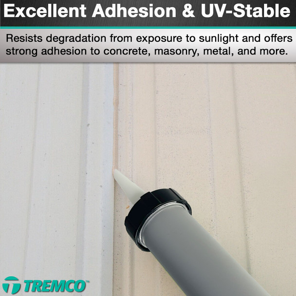 Infographic showing a close-up of a sausage gun dispensing sealant along a vertical joint between two different exterior building panels, with text highlighting its excellent adhesion and UV-stable formula that resists degradation from sunlight.