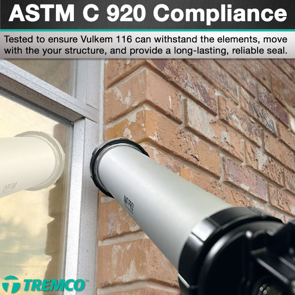 Infographic demonstrating ASTM C 920 compliance, showing a sausage gun sealing a joint between a window frame and an exterior brick wall, with text highlighting that Vulkem 116 is tested to withstand the elements and accommodate structural movement.