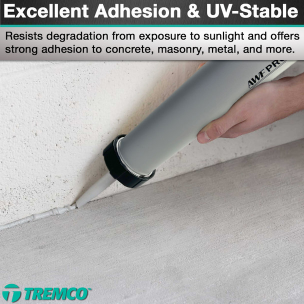 Infographic showing a close-up of an AWF PRO sausage gun dispensing sealant along a joint between a concrete wall and floor, with text highlighting its excellent adhesion and UV-stable formula that resists degradation from sunlight.