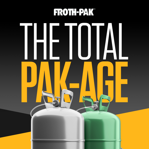 Froth-Pak spray foam insulation kit showing a white Part A cylinder and a green Part B cylinder with connecting hoses.