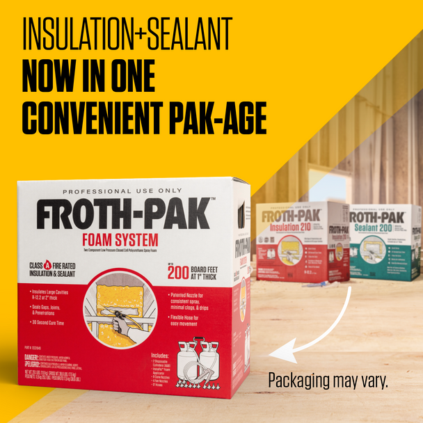 Infographic showing the 200 board foot spray foam insulation and sealant kit, which includes two cylinders and a spray gun.
