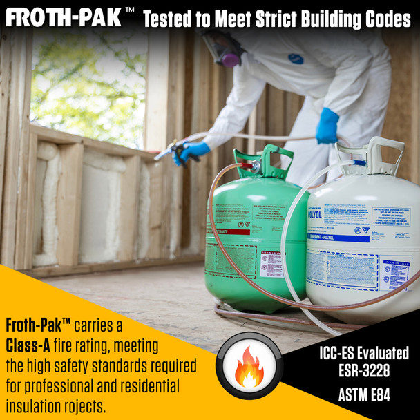 A contractor in protective gear sprays two-component foam into wall studs to provide fire-rated insulation and sealing.