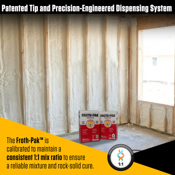 Infographic showing spray foam insulation installed in wall studs, noting a calibrated 1 to 1 mix ratio for a reliable cure.
