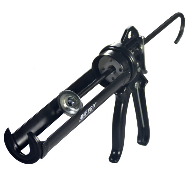 Black professional grade 10.3 ounce manual caulking gun with a ladder hook and skeleton frame design.