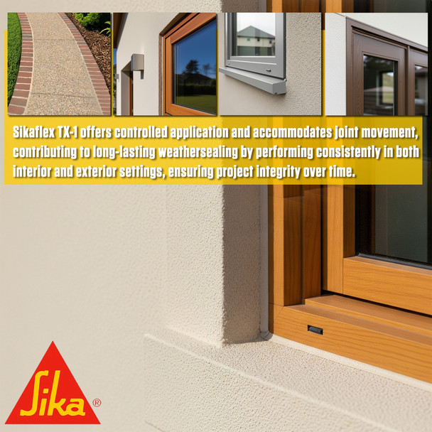 Infographic showing sealant used on walkways and windows. It accommodates joint movement for interior and exterior sealing.