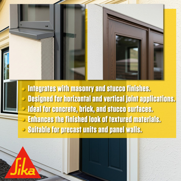 Infographic highlighting sealant applications including masonry and stucco finishes, horizontal and vertical joints, and precast panel walls.