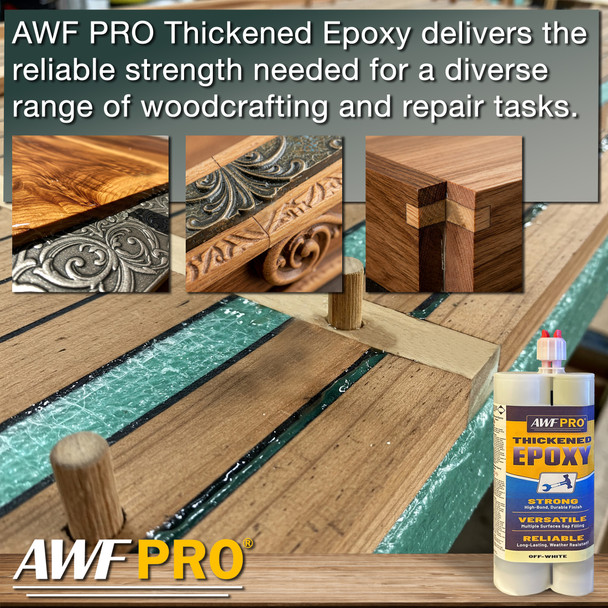 Infographic showing a variety of woodworking repair tasks such as filling gaps in wood panels and bonding furniture joints.