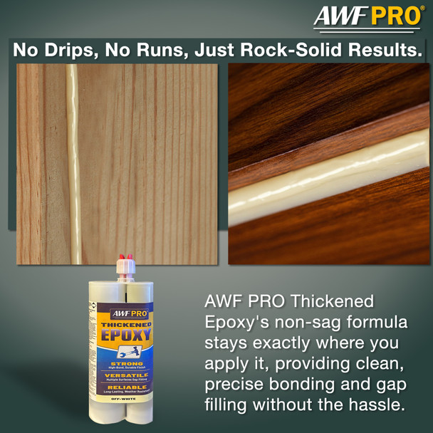 Infographic highlighting the non-sag properties of the thickened epoxy for vertical bonding and gap filling on wood.