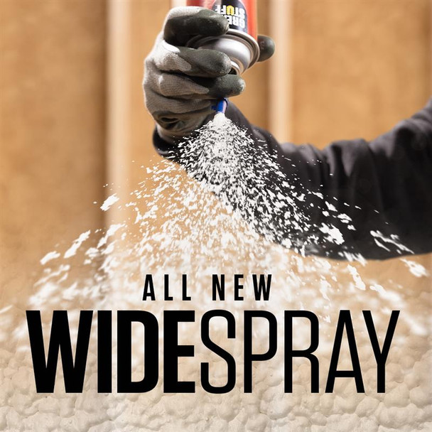 Person applying wide spray foam sealant to an interior wall cavity to provide broad coverage insulation.
