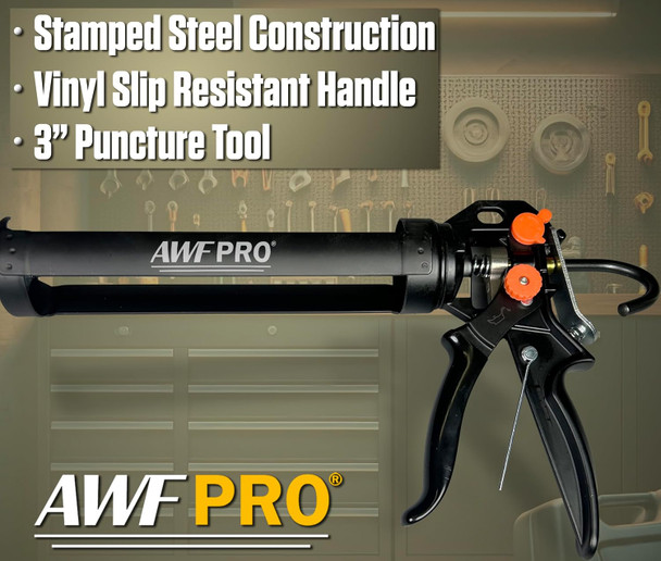 Infographic highlighting stamped steel construction, a vinyl slip-resistant handle, and a 3-inch puncture tool on an AWF Pro caulking gun.