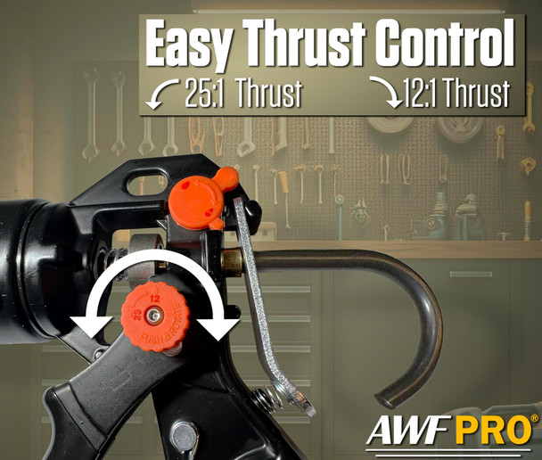 Infographic highlighting the easy thrust control feature with 25:1 and 12:1 options on an AWF Pro caulking gun mechanism.