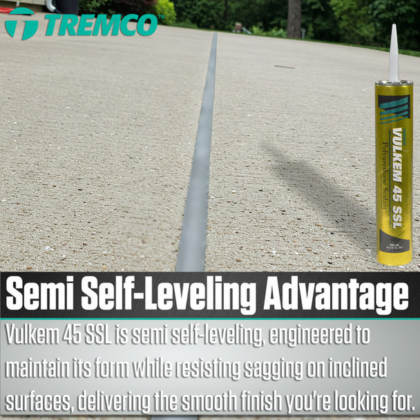 Infographic showcasing a tube of Vulkem 45 SSL polyurethane sealant next to a smooth, sealed joint on a sloped concrete driveway, with text highlighting the semi self-leveling formula's ability to resist sagging on inclined surfaces.