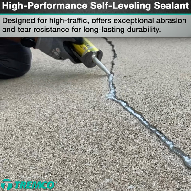Infographic showing a worker applying self-leveling sealant to a large crack in a concrete surface, with text highlighting its high-traffic design, abrasion resistance, and tear resistance.