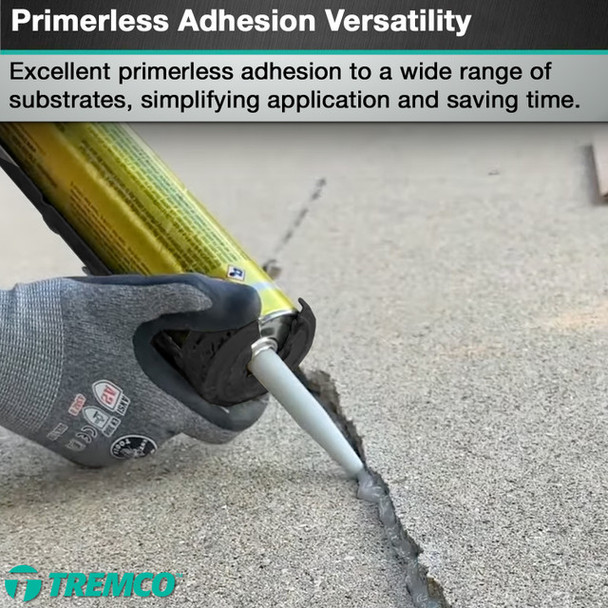 Infographic showcasing a close-up of a gloved hand dispensing sealant from a caulking gun directly into a concrete crack, with text emphasizing its primerless adhesion versatility across multiple substrates to simplify application and save time.