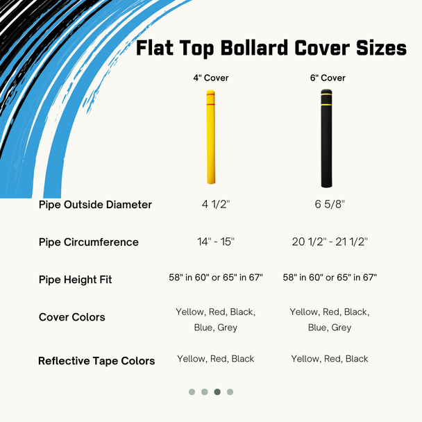 Infographic listing flat top bollard cover sizes for four inch and six inch pipe with height fit and color options