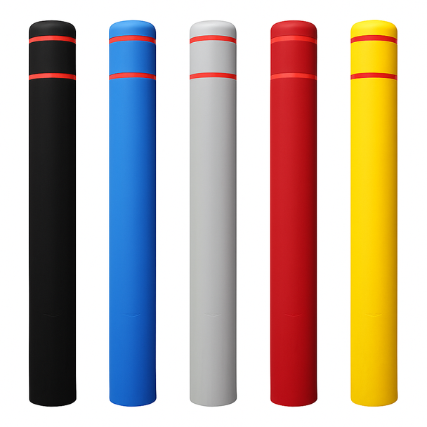 Five rounded top bollard covers with two horizontal reflective stripes shown in black, blue, gray, red, and yellow
