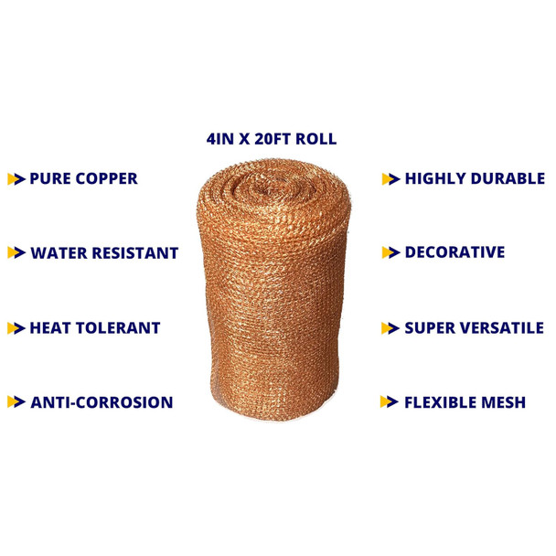 the specifications and features of the copper mesh roll. The roll measures 4 inches by 20 feet