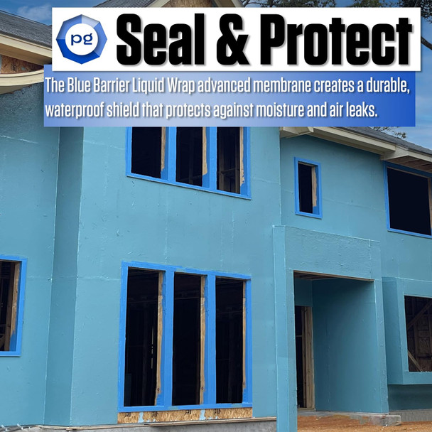 Infographic showing a house under construction with a blue liquid barrier membrane that provides a waterproof, airtight shield.