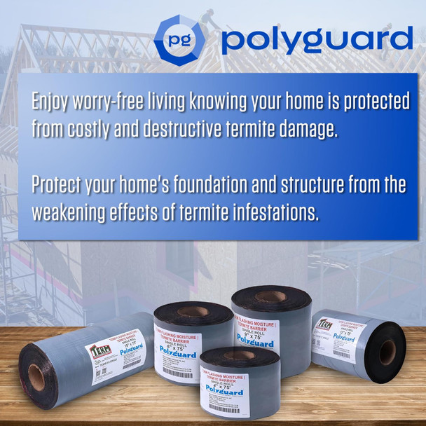 Infographic showing five rolls of TERM flashing moisture and termite barrier in various widths on a wooden surface.