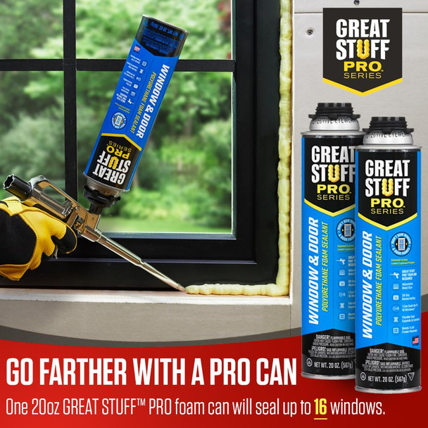 This graphic illustrates the application of Great Stuff Pro Series window and door sealant using an applicator gun. It highlights that one 20 ounce can of this foam sealant can seal up to 16 windows.