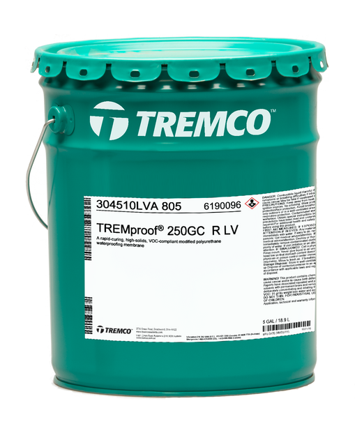 Five gallon teal metal pail of rapid-curing modified polyurethane waterproofing membrane.