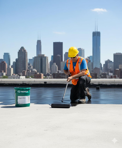 A contractor in safety gear roller-applying a black waterproof membrane to a flat roof to provide long-term surface protection.