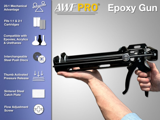 Infographic showcasing a dual-barrel epoxy gun being held by a person, with a side panel listing features including a 25 to 1 mechanical advantage, cartridge compatibility, and interchangeable push discs.