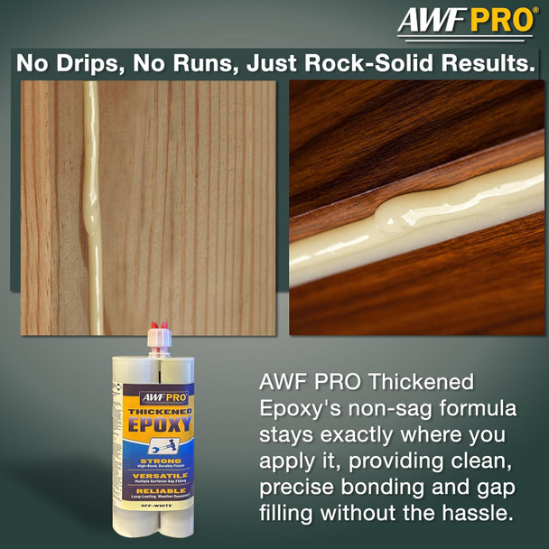 Infographic demonstrating a non-sag epoxy formula, showing clean beads of adhesive applied horizontally and vertically to wood surfaces next to a dual-component thickened epoxy cartridge.