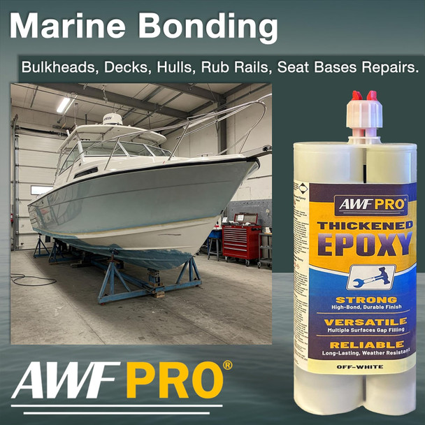 Infographic showcasing marine bonding applications for bulkheads, decks, hulls, rub rails, and seat bases repairs, featuring a boat inside a workshop next to a dual-component thickened epoxy cartridge.