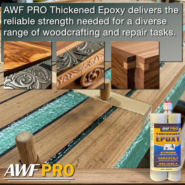 Infographic highlighting epoxy strength for woodcrafting and repairs, showing examples of wood joints and ornate detailing next to a dual-component thickened epoxy cartridge.