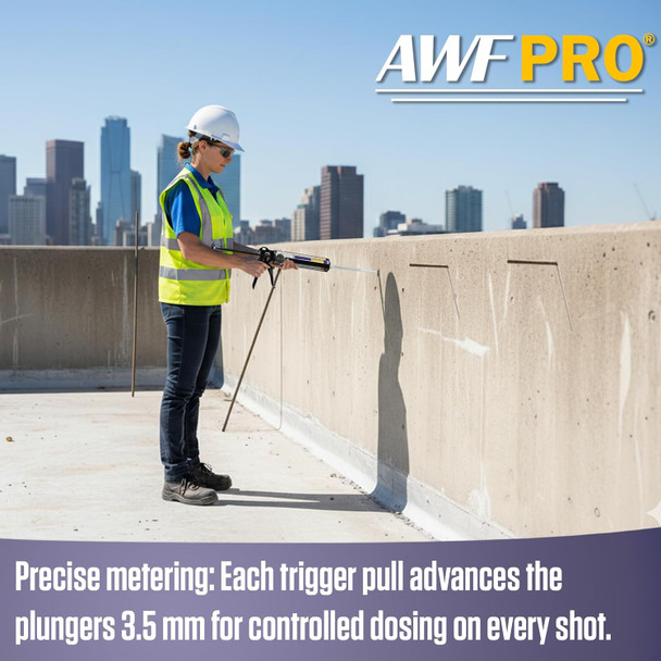 Worker using an AWF Pro epoxy gun on a rooftop wall against a city skyline, with text detailing precise metering.