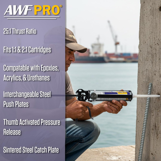 Worker injecting adhesive into a concrete pillar next to a graphic listing product specifications for an AWF Pro gun.