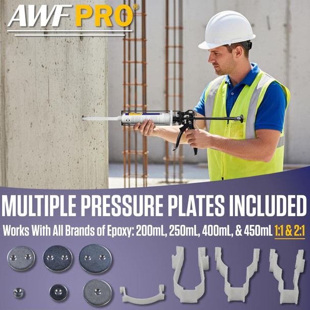 Worker injecting epoxy into a concrete column above an inset showing included pressure plates and cartridge clips.