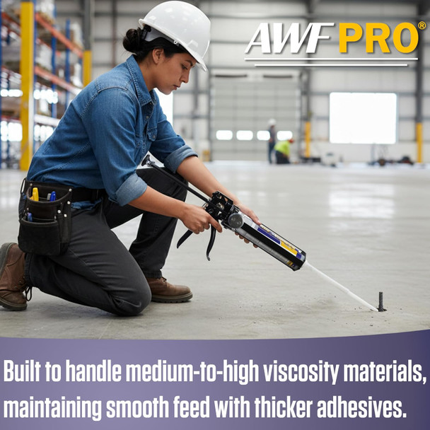Worker kneeling in a warehouse applying concrete adhesive with an AWF Pro applicator gun, with text describing viscosity handling.