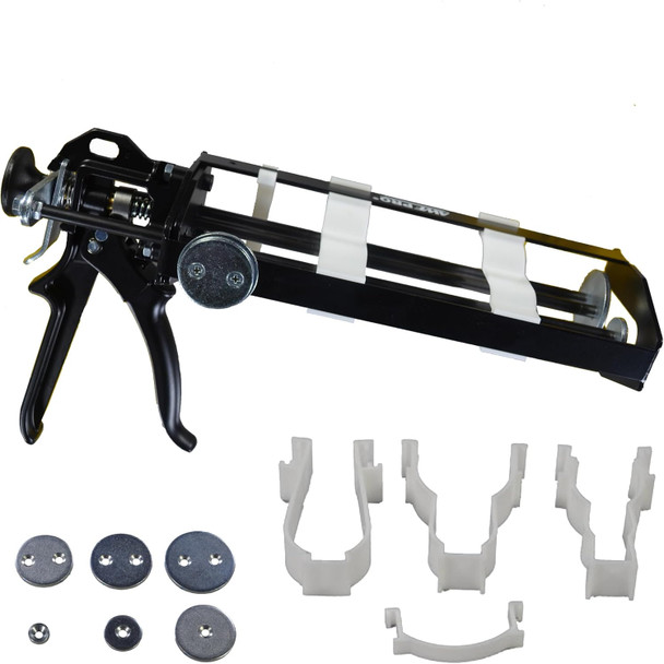 Black dual-component applicator gun shown with interchangeable plunger discs and cartridge clips.
