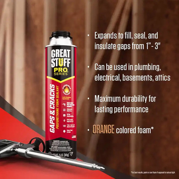This graphic highlights the features of Great Stuff Pro Series Gaps and Cracks polyurethane foam sealant.
