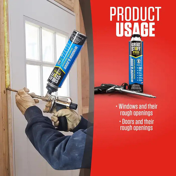 This graphic displays product usage applications for Great Stuff Pro Series window and door foam sealant. It shows the sealant being applied to a door frame and lists its intended use for both windows and their rough openings, as well as doors and their rough openings.