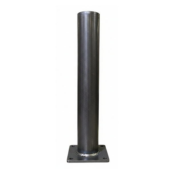 Surface-mounted steel safety bollard with square base plate, industrial pipe construction, designed for facility protection and traffic control applications