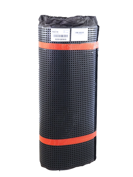 A large upright roll of black dimpled drainage board secured with two orange straps.