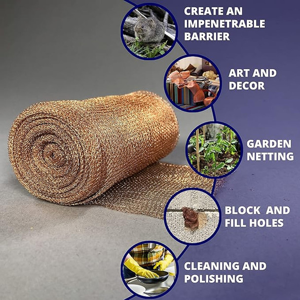 Infographic showing a roll of copper mesh. Uses include creating a rodent barrier, art and decor, garden netting, blocking holes, and cleaning or polishing.